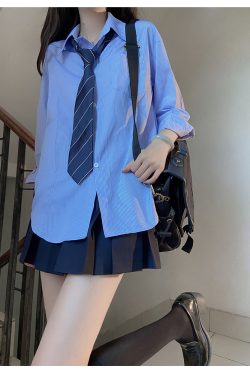 Loose Short Sleeve Blue Striped Shirt Top for Women - Pudding Bear Inspired JK Style Summer Fashion 2024