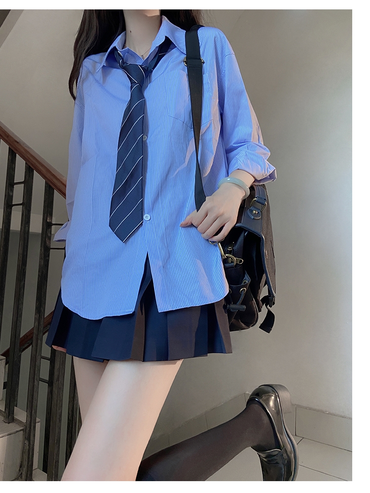 Loose Short Sleeve Blue Striped Shirt Top for Women - Pudding Bear Inspired JK Style Summer Fashion 2024 Loose Short Sleeve Blue Striped Shirt Top for Women - Pudding Bear Inspired JK Style Summer Fashion 2024