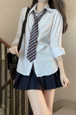Loose Short Sleeve Blue Striped Shirt Top for Women - Pudding Bear Inspired JK Style Summer Fashion 2024