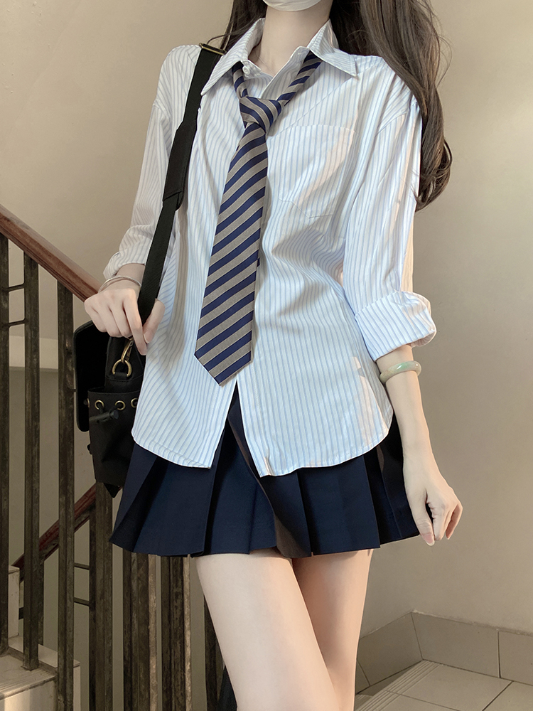 Loose Short Sleeve Blue Striped Shirt Top for Women - Pudding Bear Inspired JK Style Summer Fashion 2024 Loose Short Sleeve Blue Striped Shirt Top for Women - Pudding Bear Inspired JK Style Summer Fashion 2024