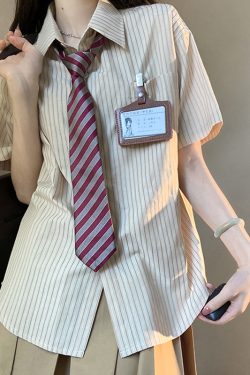 Loose Short Sleeve Blue Striped Shirt Top for Women - Pudding Bear Inspired JK Style Summer Fashion 2024