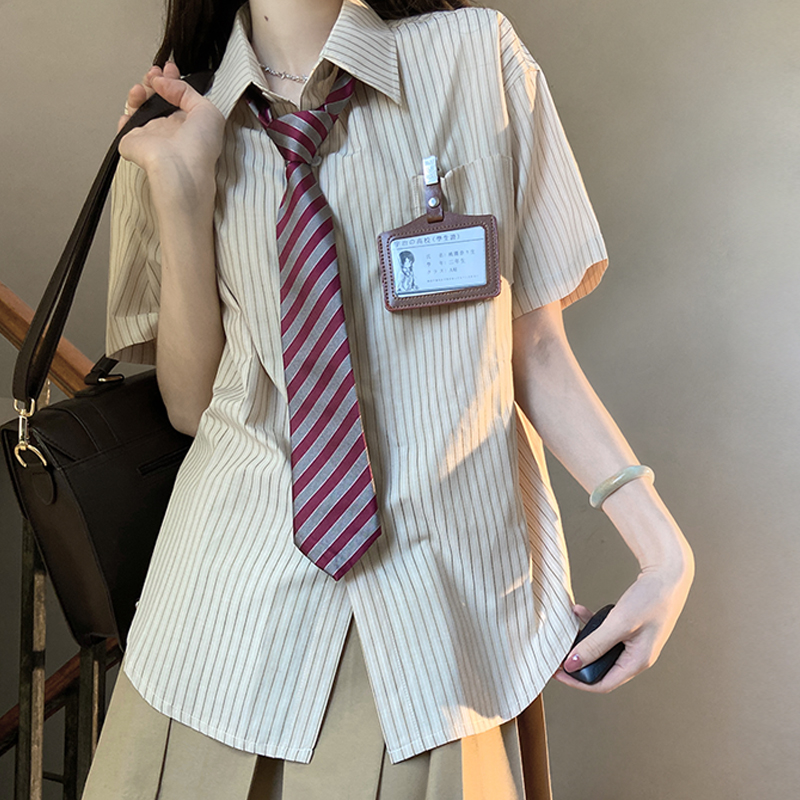 Loose Short Sleeve Blue Striped Shirt Top for Women - Pudding Bear Inspired JK Style Summer Fashion 2024 Loose Short Sleeve Blue Striped Shirt Top for Women - Pudding Bear Inspired JK Style Summer Fashion 2024