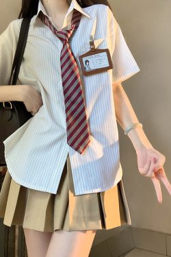 Loose Short Sleeve Blue Striped Shirt Top for Women - Pudding Bear Inspired JK Style Summer Fashion 2024