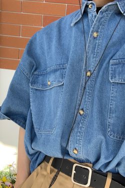 Loose Short Sleeve Denim Shirt for Couples - Vintage Retro Korean Style Washable Half Sleeve Top