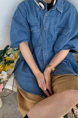 Loose Short Sleeve Denim Shirt for Couples - Vintage Retro Korean Style Washable Half Sleeve Top