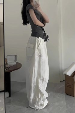 Loose Wide-Leg White Cargo Pants for Women - American Hip-Hop Style Jazz Dance Casual Sports Trousers with Slimming Drape