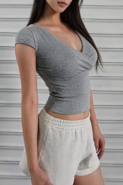 Low-Cut Cross V-Neck Short Sleeve Fitted Stretchy Top - Y2K Style Casual Wear