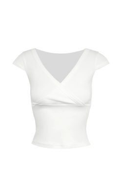 Low-Cut Cross V-Neck Short Sleeve Fitted Stretchy Top - Y2K Style Casual Wear