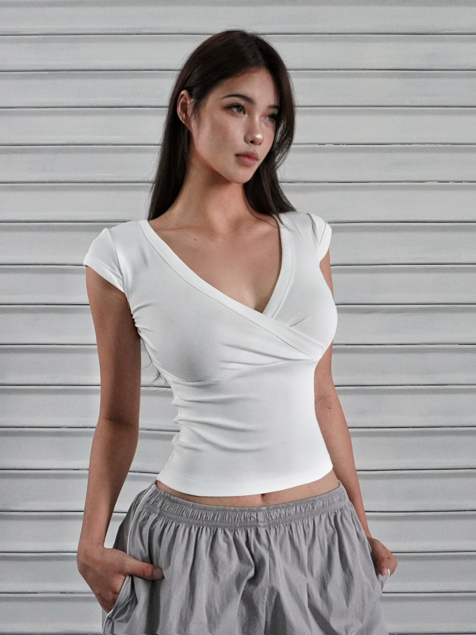 Low-Cut Cross V-Neck Short Sleeve Fitted Stretchy Top - Y2K Style Casual Wear Low-Cut Cross V-Neck Short Sleeve Fitted Stretchy Top - Y2K Style Casual Wear