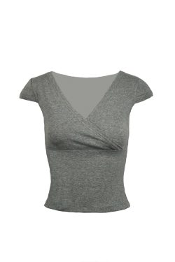 Low-Cut Cross V-Neck Short Sleeve Fitted Stretchy Top - Y2K Style Casual Wear