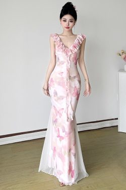 Low-Neck Fitted Butterfly Long Dress for Women - Rose Valley Vacation Style with Mesh Splicing, Perfect for Summer and Y2K Fashion