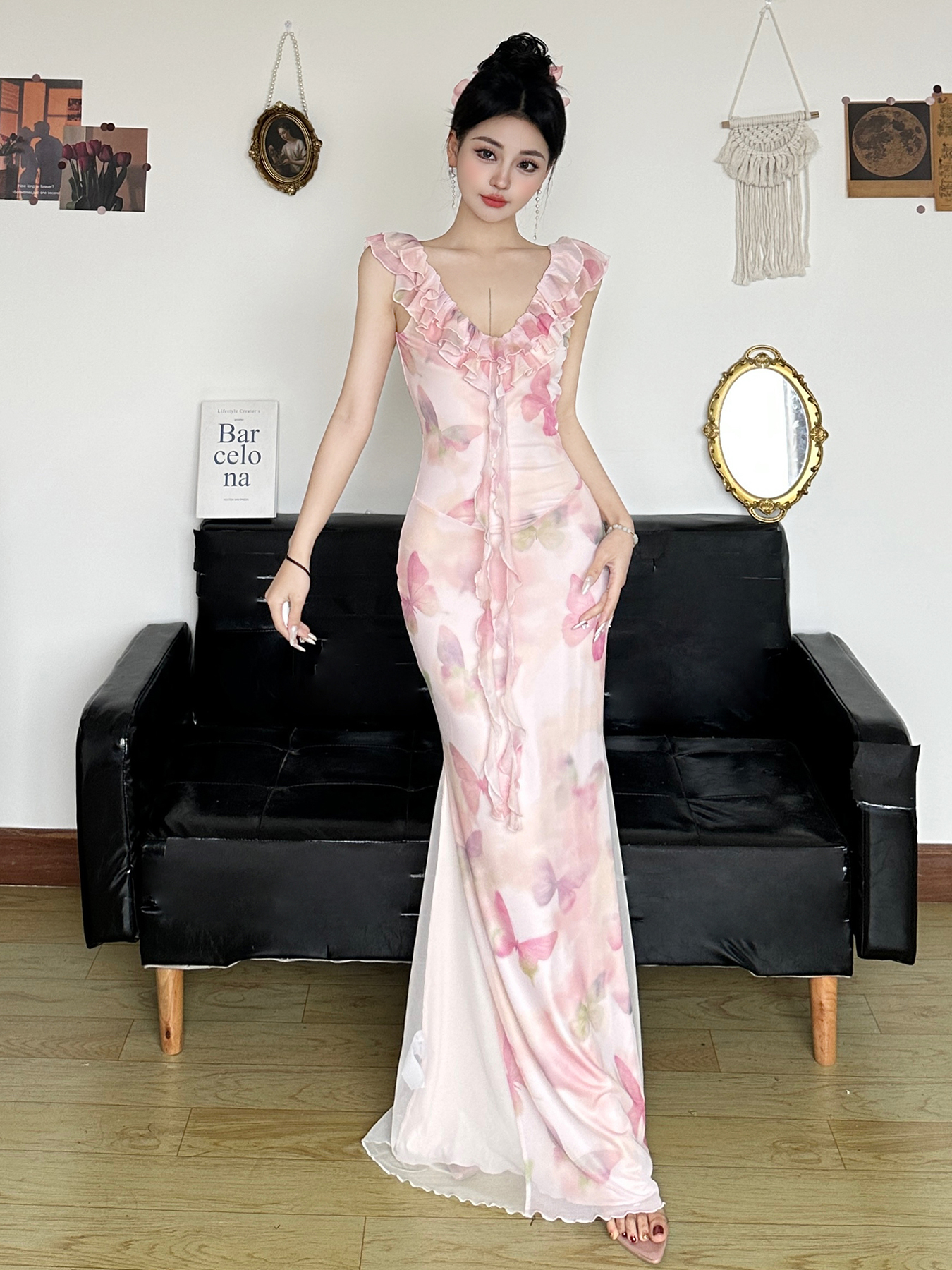 Low-Neck Fitted Butterfly Long Dress for Women - Rose Valley Vacation Style with Mesh Splicing, Perfect for Summer and Y2K Fashion Low-Neck Fitted Butterfly Long Dress for Women - Rose Valley Vacation Style with Mesh Splicing, Perfect for Summer and Y2K Fashion