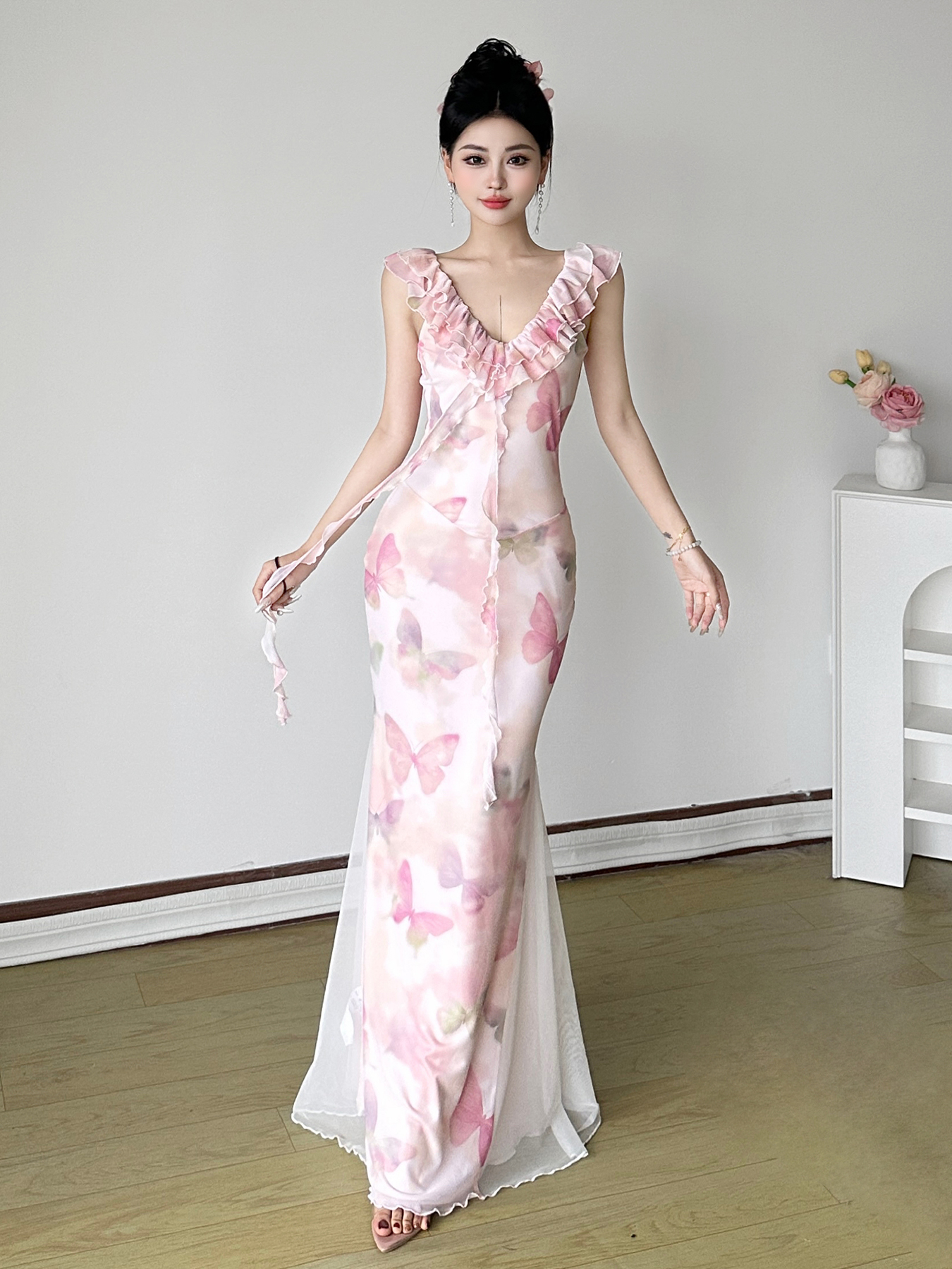 Low-Neck Fitted Butterfly Long Dress for Women - Rose Valley Vacation Style with Mesh Splicing, Perfect for Summer and Y2K Fashion Low-Neck Fitted Butterfly Long Dress for Women - Rose Valley Vacation Style with Mesh Splicing, Perfect for Summer and Y2K Fashion