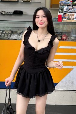 Low-Neck Little Black Dress for Women - Hepburn Style A-Line with Ruffled Hem, Lace Trim, and Pleated Short Skirt