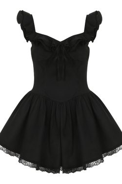 Low-Neck Little Black Dress for Women - Hepburn Style A-Line with Ruffled Hem, Lace Trim, and Pleated Short Skirt