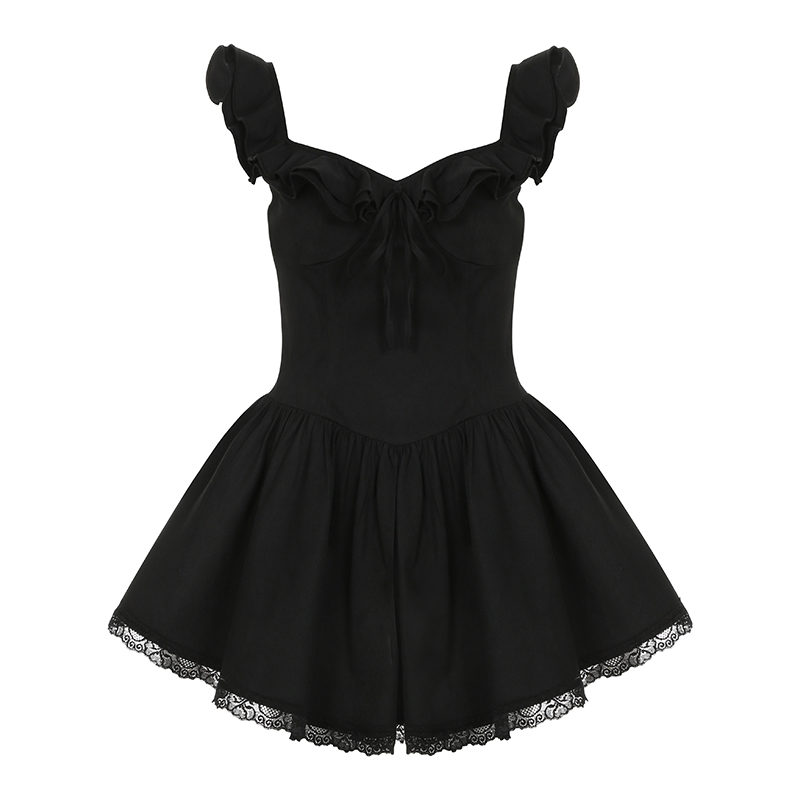 Low-Neck Little Black Dress for Women - Hepburn Style A-Line with Ruffled Hem, Lace Trim, and Pleated Short Skirt Low-Neck Little Black Dress for Women - Hepburn Style A-Line with Ruffled Hem, Lace Trim, and Pleated Short Skirt