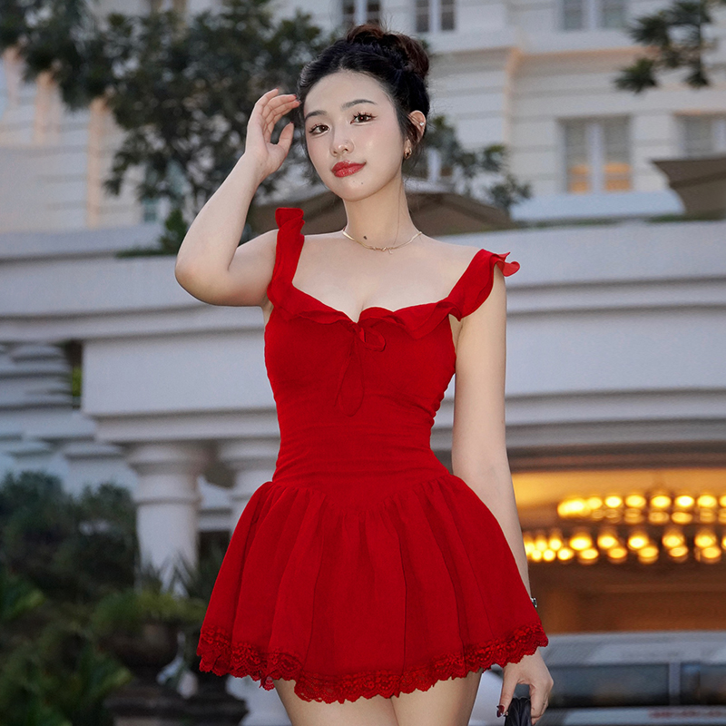 Low-Neck Little Black Dress for Women - Hepburn Style A-Line with Ruffled Hem, Lace Trim, and Pleated Short Skirt Low-Neck Little Black Dress for Women - Hepburn Style A-Line with Ruffled Hem, Lace Trim, and Pleated Short Skirt