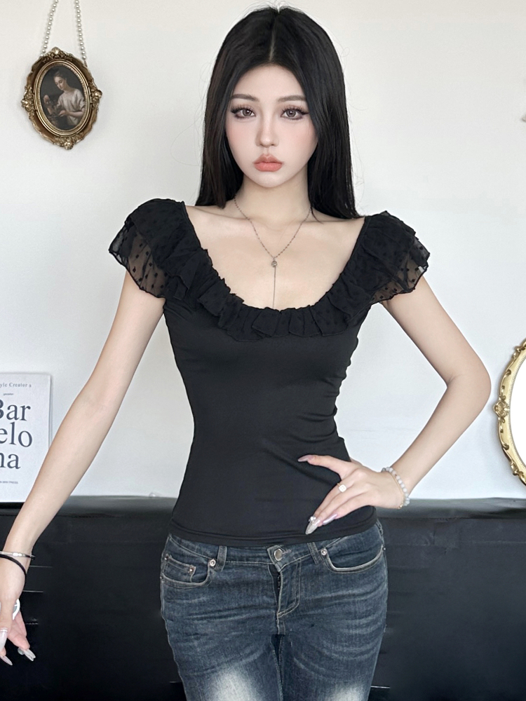 Low-Neck Ruffled Backless Short Tank Top for Women with Flutter Sleeves - Romantic French Vacation Style, Slim Fit Low-Neck Ruffled Backless Short Tank Top for Women with Flutter Sleeves - Romantic French Vacation Style, Slim Fit