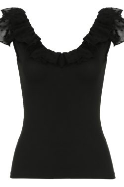 Low-Neck Ruffled Backless Short Tank Top for Women with Flutter Sleeves - Romantic French Vacation Style, Slim Fit