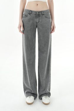 Low-Waist Tencel Gray Straight-Leg Casual Pants for Women - Trendy Y2K Style, Comfortable Everyday Wear