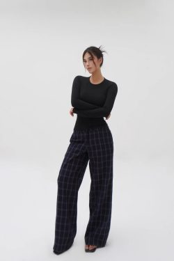 Low-Waist Vintage Blue Plaid Loose Casual Pants - Retro Y2K Style Trousers for Effortless Everyday Fashion