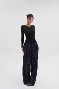 Low-Waist Vintage Blue Plaid Loose Casual Pants - Retro Y2K Style Trousers for Effortless Everyday Fashion