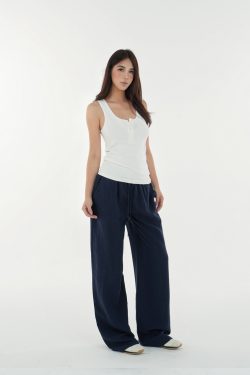Low-Waist Vintage Tencel Linen Elastic Waist Straight-Leg Pants for Women - Retro 90s Inspired Style