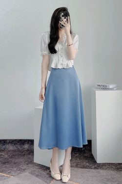 Luminous White Satin Summer Top for Women - V-Neck, Short Sleeves, Lace Trim, Pearl Buttons, Waist-Cinching French Style