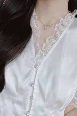 Luminous White Satin Summer Top for Women - V-Neck, Short Sleeves, Lace Trim, Pearl Buttons, Waist-Cinching French Style