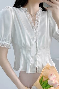 Luminous White Satin Summer Top for Women - V-Neck, Short Sleeves, Lace Trim, Pearl Buttons, Waist-Cinching French Style