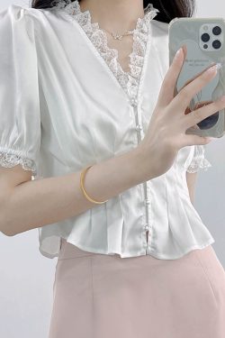 Luminous White Satin Summer Top for Women - V-Neck, Short Sleeves, Lace Trim, Pearl Buttons, Waist-Cinching French Style