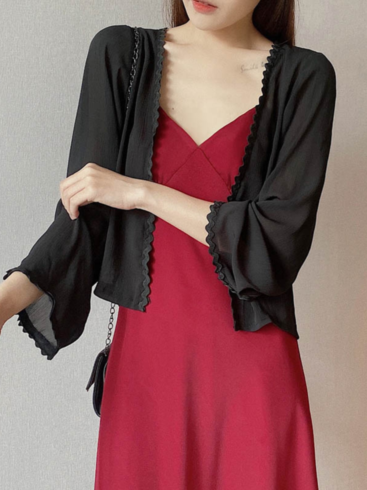 Lunar Crescent Lace Cardigan - Chiffon Sun Protection, Bell Sleeves, Draped Design, Slimming Short Jacket for Spring/Summer Women's Fashion Lunar Crescent Lace Cardigan - Chiffon Sun Protection, Bell Sleeves, Draped Design, Slimming Short Jacket for Spring/Summer Women's Fashion