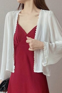 Lunar Crescent Lace Cardigan - Chiffon Sun Protection, Bell Sleeves, Draped Design, Slimming Short Jacket for Spring/Summer Women's Fashion