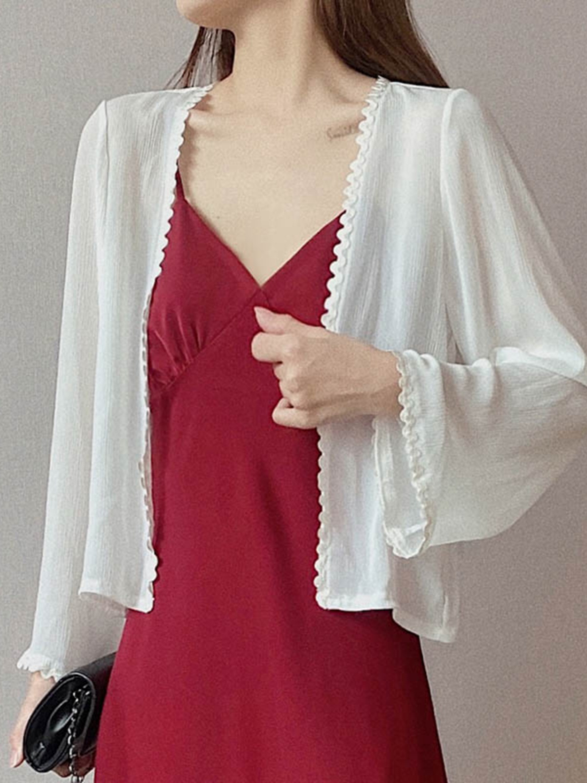 Lunar Crescent Lace Cardigan - Chiffon Sun Protection, Bell Sleeves, Draped Design, Slimming Short Jacket for Spring/Summer Women's Fashion Lunar Crescent Lace Cardigan - Chiffon Sun Protection, Bell Sleeves, Draped Design, Slimming Short Jacket for Spring/Summer Women's Fashion