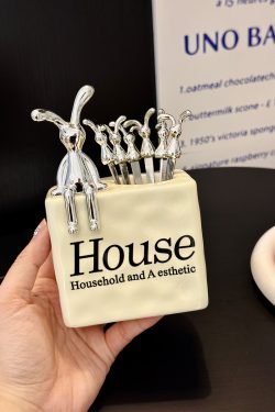 Luxury Stainless Steel Fruit Forks Set with 6 Skewers and Ceramic Storage Jar for Desserts and Fruit