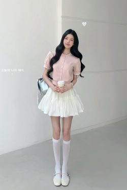 Luxury Thousand Gold Slimming Waist Contrast Color Fake Two-Piece Short Sleeve Cardigan Jacket with Puff Skirt for Women