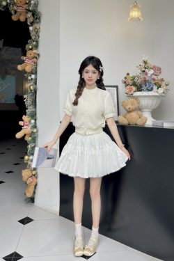 Luxury Thousand Gold Slimming Waist Contrast Color Fake Two-Piece Short Sleeve Cardigan Jacket with Puff Skirt for Women