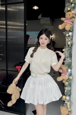 Luxury Thousand Gold Slimming Waist Contrast Color Fake Two-Piece Short Sleeve Cardigan Jacket with Puff Skirt for Women