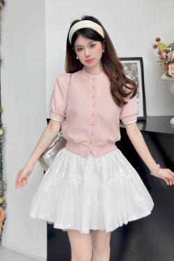 Luxury Thousand Gold Slimming Waist Contrast Color Fake Two-Piece Short Sleeve Cardigan Jacket with Puff Skirt for Women