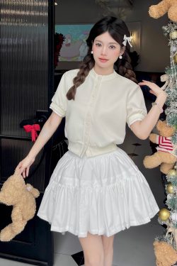 Luxury Thousand Gold Slimming Waist Contrast Color Fake Two-Piece Short Sleeve Cardigan Jacket with Puff Skirt for Women