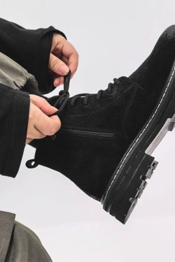 Men's American-Style Genuine Leather Martin Boots, Mid-Top Zipper Suede Hiking Boots, Versatile British-Style Thick-Soled Short Boots