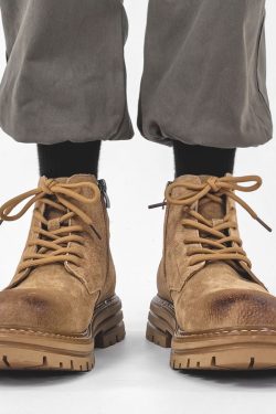 Men's American-Style Genuine Leather Martin Boots, Mid-Top Zipper Suede Hiking Boots, Versatile British-Style Thick-Soled Short Boots