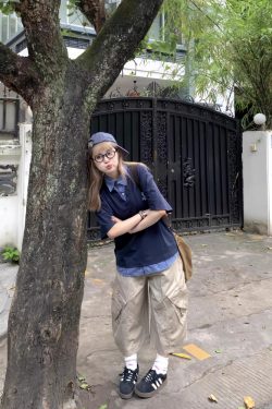 Men's and Women's Retro Plaid Splicing Polo Shirt - Summer College Style Loose Casual Short-Sleeve T-Shirt