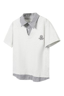 Men's and Women's Retro Plaid Splicing Polo Shirt - Summer College Style Loose Casual Short-Sleeve T-Shirt