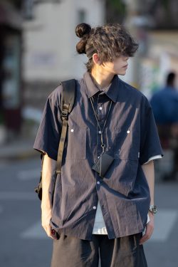 Men's and Women's Summer Japanese-Style Short Sleeve Shirt - Solid Color, Trendy Retro Button-Up for Street Style Fashion