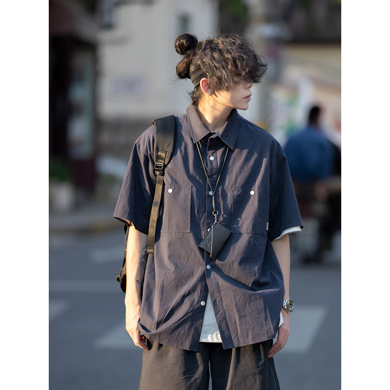 Men's and Women's Summer Japanese-Style Short Sleeve Shirt - Solid Color, Trendy Retro Button-Up for Street Style Fashion Men's and Women's Summer Japanese-Style Short Sleeve Shirt - Solid Color, Trendy Retro Button-Up for Street Style Fashion