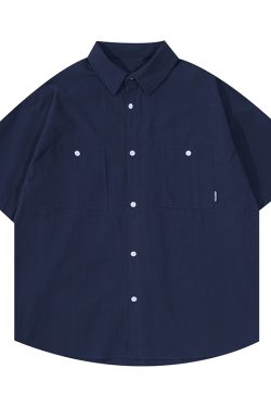 Men's and Women's Summer Japanese-Style Short Sleeve Shirt - Solid Color, Trendy Retro Button-Up for Street Style Fashion