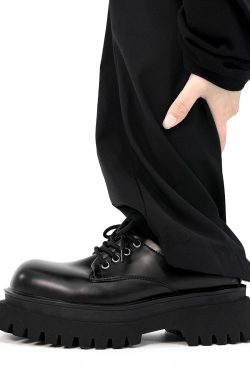 Men's Black Derby Shoes, Round Toe, Thick Sole, Genuine Leather, British Style, Commuter Footwear for Couples