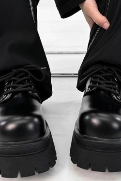 Men's Black Derby Shoes, Round Toe, Thick Sole, Genuine Leather, British Style, Commuter Footwear for Couples