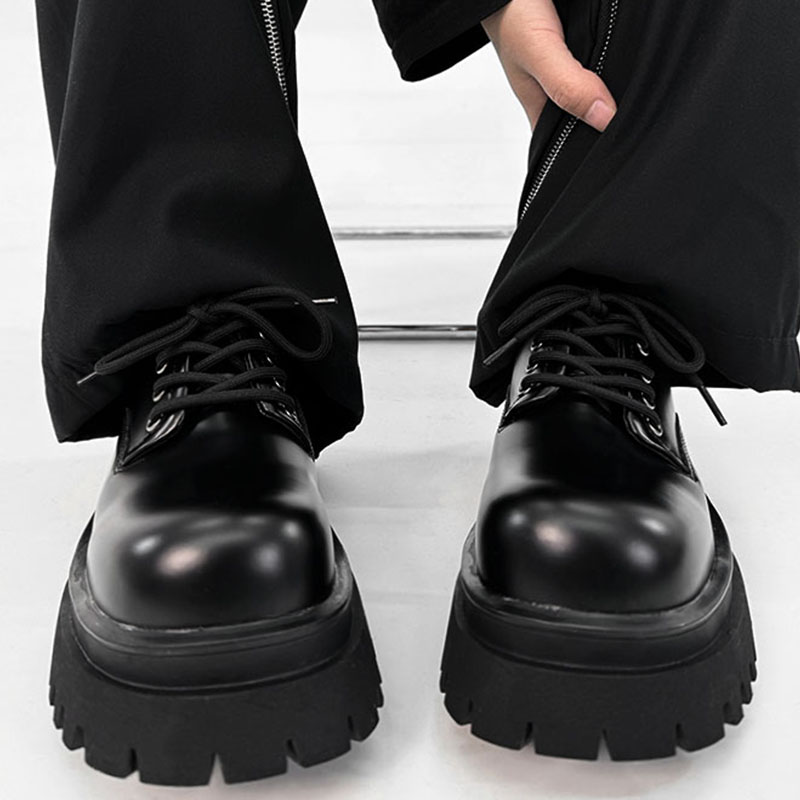 Men's Black Derby Shoes, Round Toe, Thick Sole, Genuine Leather, British Style, Commuter Footwear for Couples Men's Black Derby Shoes, Round Toe, Thick Sole, Genuine Leather, British Style, Commuter Footwear for Couples